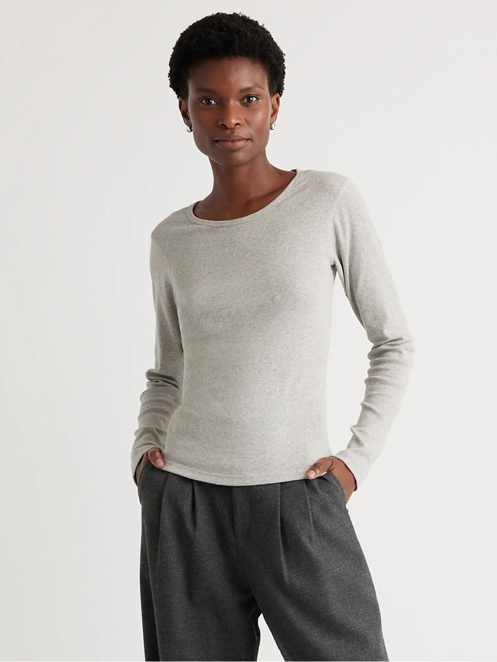 Quince Heather Grey Soft Organic Cotton Micro-Rib Long Sleeve Tee XL Extra Large